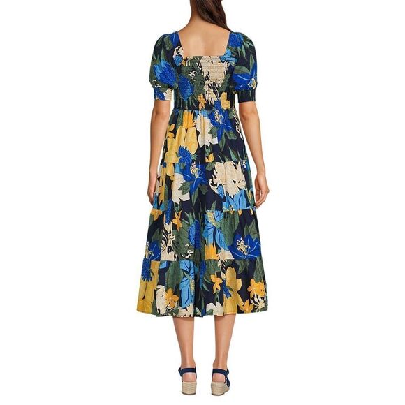 Land's End Midi Dress Smocked Dobby Puff Sleeve Navy Multi Floral Blooms Medium - Picture 4 of 8